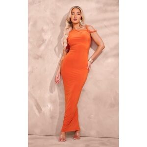 PrettyLittleThing Bright Orange Slinky Twist Shoulder Midaxi Dress